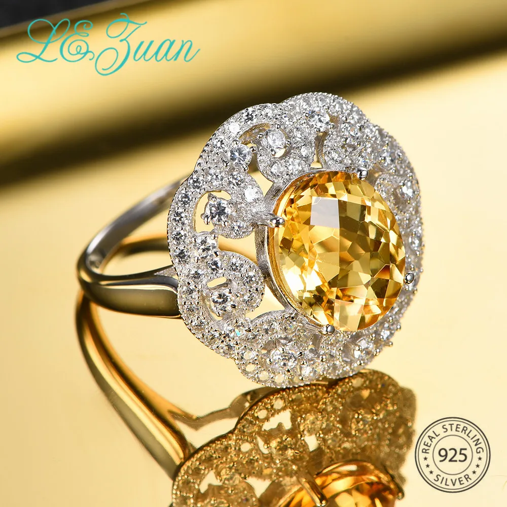 L & zuan клетчатое кольцо 3.43ct с натуральным цитрином для женщин серебряное белое CZ желтым драгоценным камнем