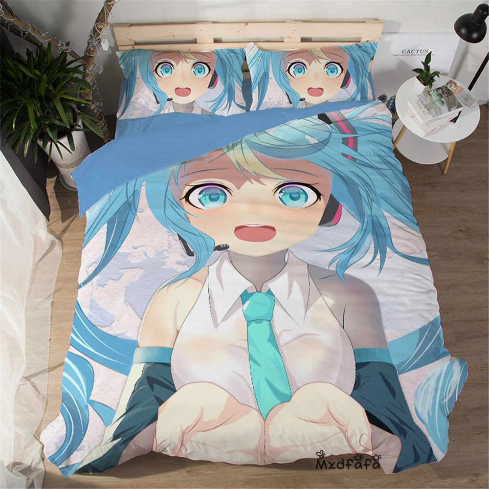 Короткая футболка с героями из японского аниме «Hatsune Miku печатных пододеяльник набор комплект постельного белья роскошное покрывало постельный комплект включает 1 пододеяльник и 2 наволочки