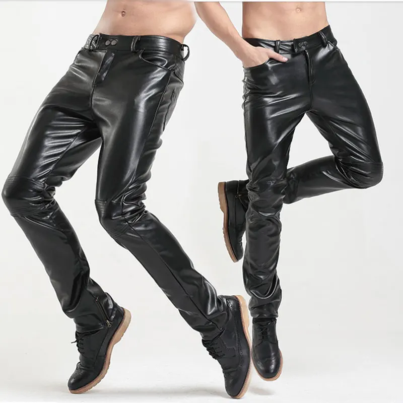 Мужские Nigthclub Slim Fit эластичный черный искусственного кожаные брюки, мужские Бизнес плотные эластичные штаны из искусственной кожи Блестящие Брюки-карандаш