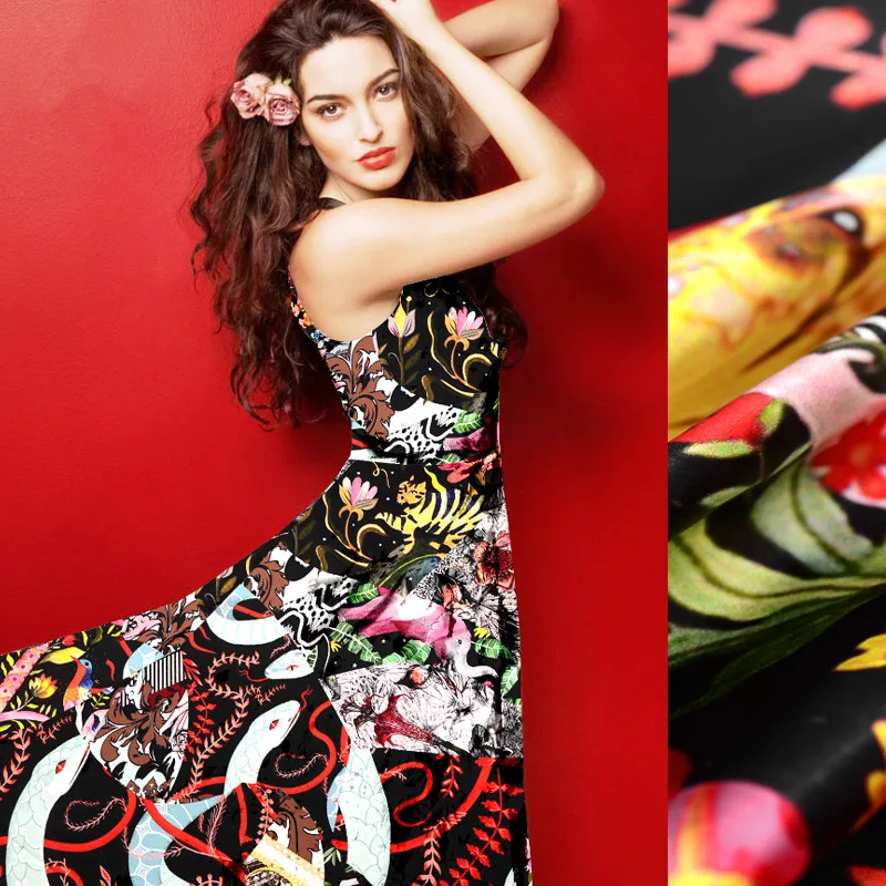 Psychedelic шелковая сатиновая ткань с принтом Парижа мягкая Чонсам для платья