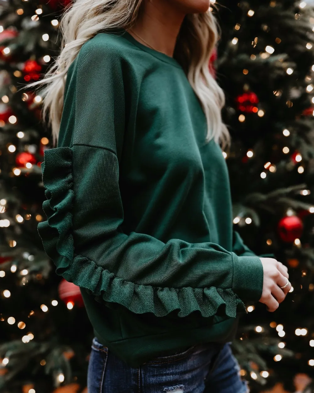 Ruffed длинный рукав О Средства ухода за кожей Шеи Для женщин Повседневное Топы