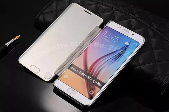 Зеркальный умный кожаный чехол книжка с окошком для Samsung Galaxy S6 Edge Plus 50x Бесплатная