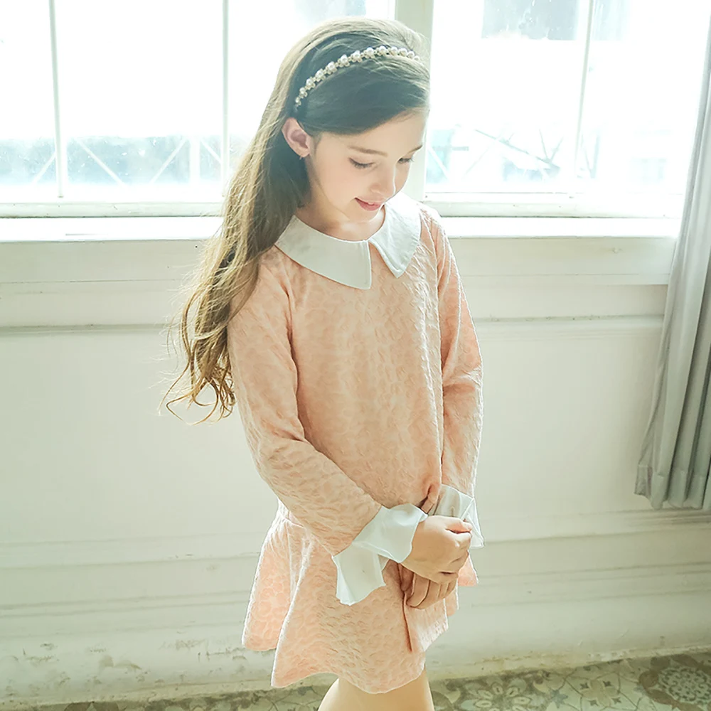 B-B18024 New Fashion Spring Girls Casual Dresses Early Summer Long Sleeve Princess Dress 5-13T Teenager Kids Solid color | Детская