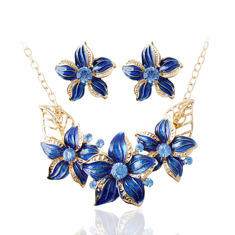 blue F& U Модный кристалл Pistil и четыре цвета керамическая глазурь цветок кулон и колье Золотая цепь ювелирные изделия для женщин - Окраска металла: blue
