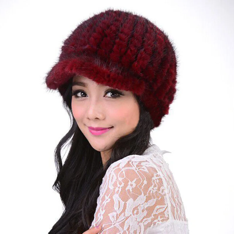 Женская зимняя трикотажная шапка из натурального меха красная/черная|scarf