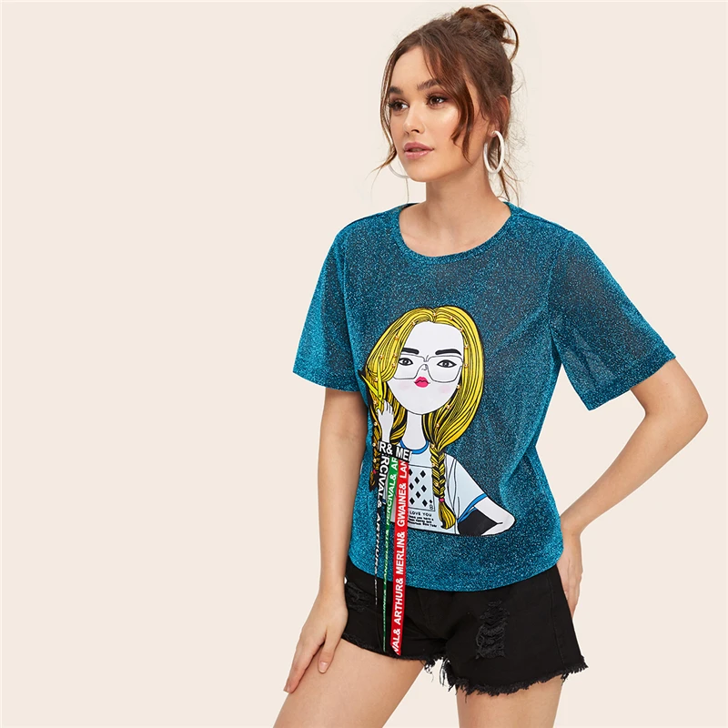 Dotfashion, бирюзовая футболка с рисунком, блестящая женская футболка, лето, Повседневная Уличная одежда, модные топы, футболка с коротким рукавом