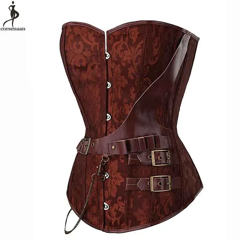 Brown Steampunk Corset Plus Size Outfit Overbust Gothic Korse Elastic Boned Retro Women Bustier Jacquard Floral Korset T-string