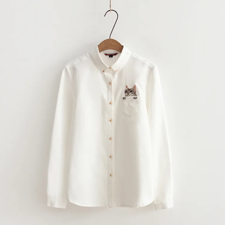 2017 New High Quality Spring Autumn Women Blouse Cats Embroidery Long Sleeve Work Shirts office Tops White Blouses |