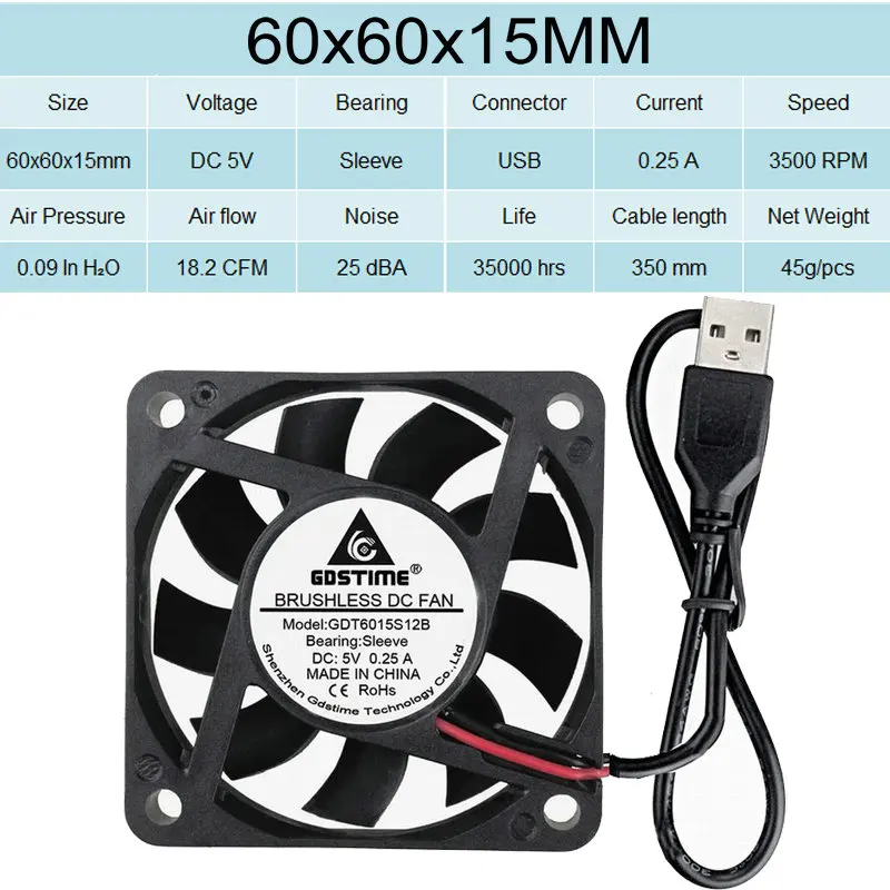 2 шт. в партии Gdstime 5 в USB разъем 80 мм x 10 мм 40 мм 50 мм 60 мм 80 мм 90 мм 120 мм 140 мм PC Вентилятор Кулер Радиатор вытяжной - Цвет лезвия: 60x15mm Sleeve USB