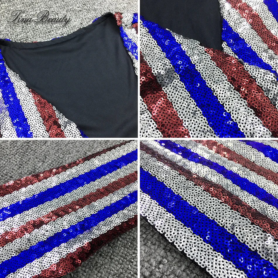 

Tina Beauty Colorful Striped Sequined V Neck Party Dresses Vestido Long Sleeve Sashes Streetwear Shinning Glittering Midi Dress