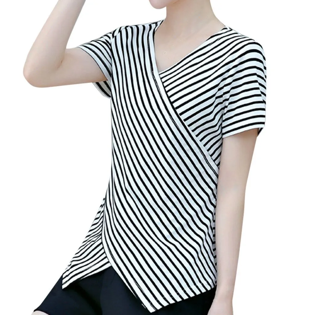 Casual shirt Women Fashion Ladies' Short Sleeved Lrregularity Shirt With V Neck Stripe blusas mujer de moda 2019 W328 | Женская