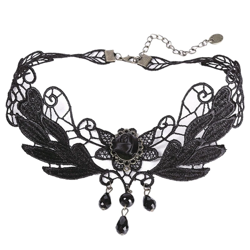 

Gothic Punk Style Gem Decoration Women Black Lace Beads Choker Collar Necklace Chocker Jewelry