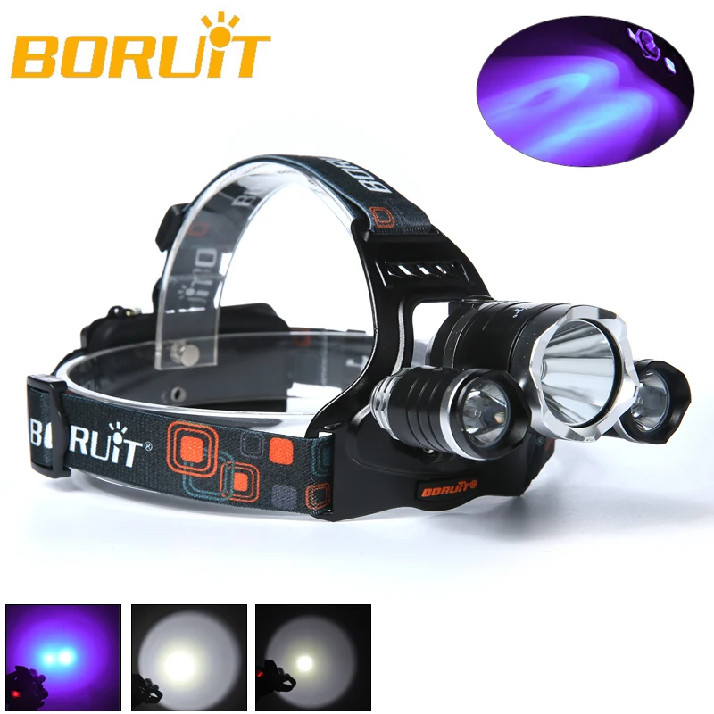 BORUIT 5000LM 3x XML T6+ 2R2 395nm УФ; сезон лето; Licht светодиодный Stirnlampe kopflicht ЕС ladegerat Кемпинг Рыбалка Велоспорт скалолазание