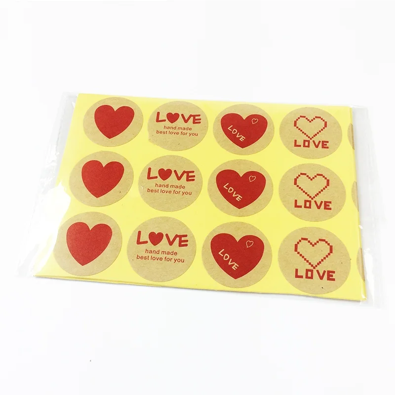 

1200PCS/lot Round Love Heart series Kraft paper Sticker Handmade Gift sealing label