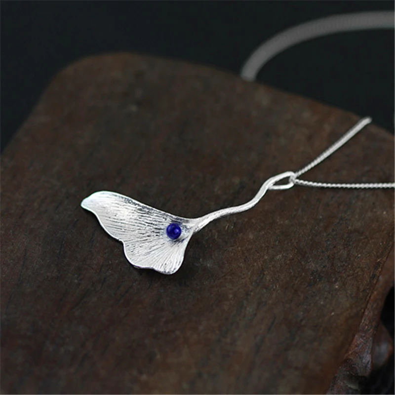 Женский кулон листья гинкго Lotus Fun без цепочки с натуральным Лазуритом ювелирное