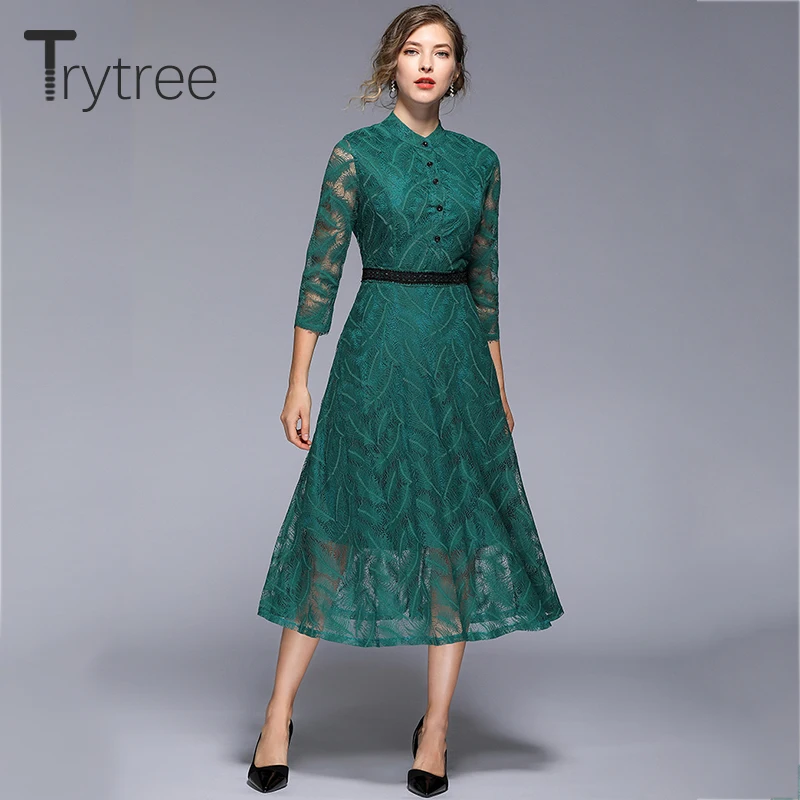 Trytree летнее осеннее однотонное зеленое платье кружевное полиэфирное