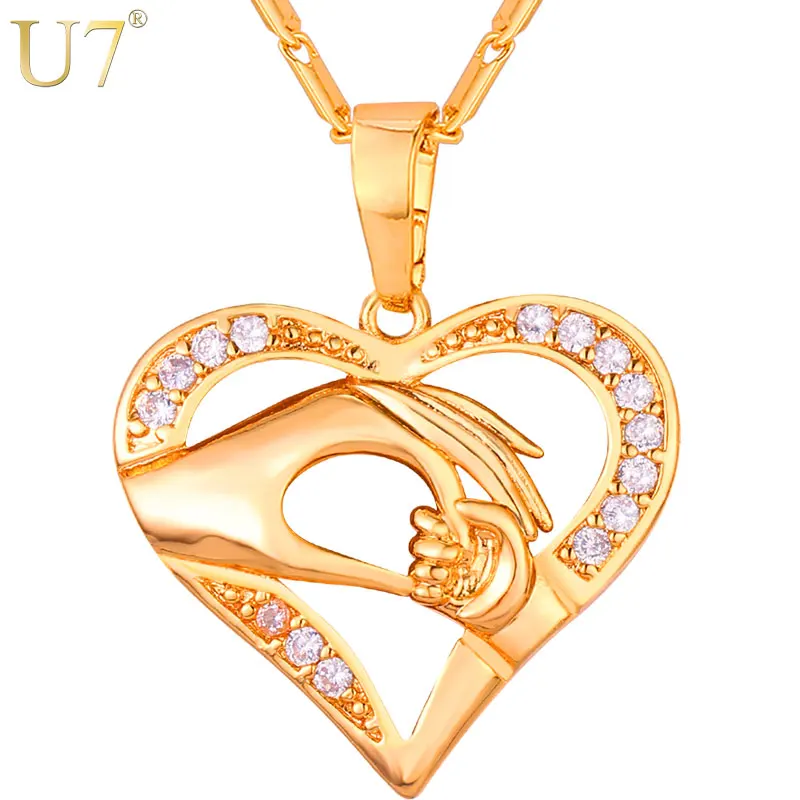 

U7 Love Heart Mom Baby In Hand Pendant & Chain Necklace Cubic Zirconia Thanksgiving Gift Necklaces Jewelry P1121