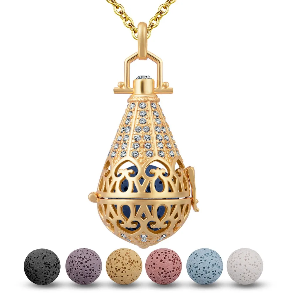 EUDORA Copper Plated Gold Water Drop Pendant Necklace 16mm Crystal Locket Cage with Volcanic Lava Stone Ball Women K113G | Украшения и