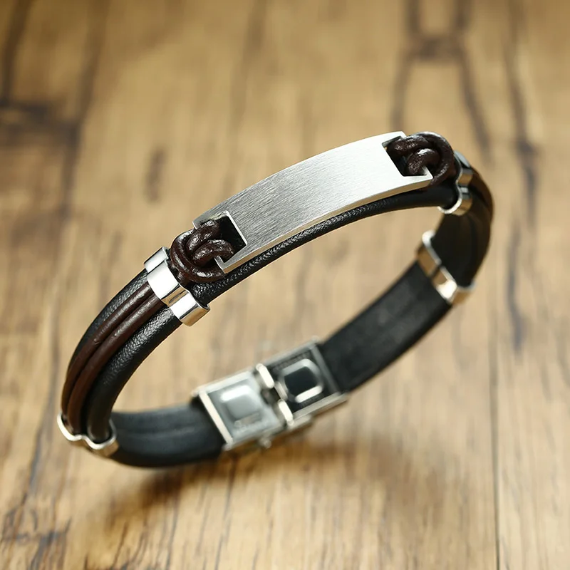 Lettering and laser personalized stainless steel ID bracelet men's handmade leather | Украшения и аксессуары