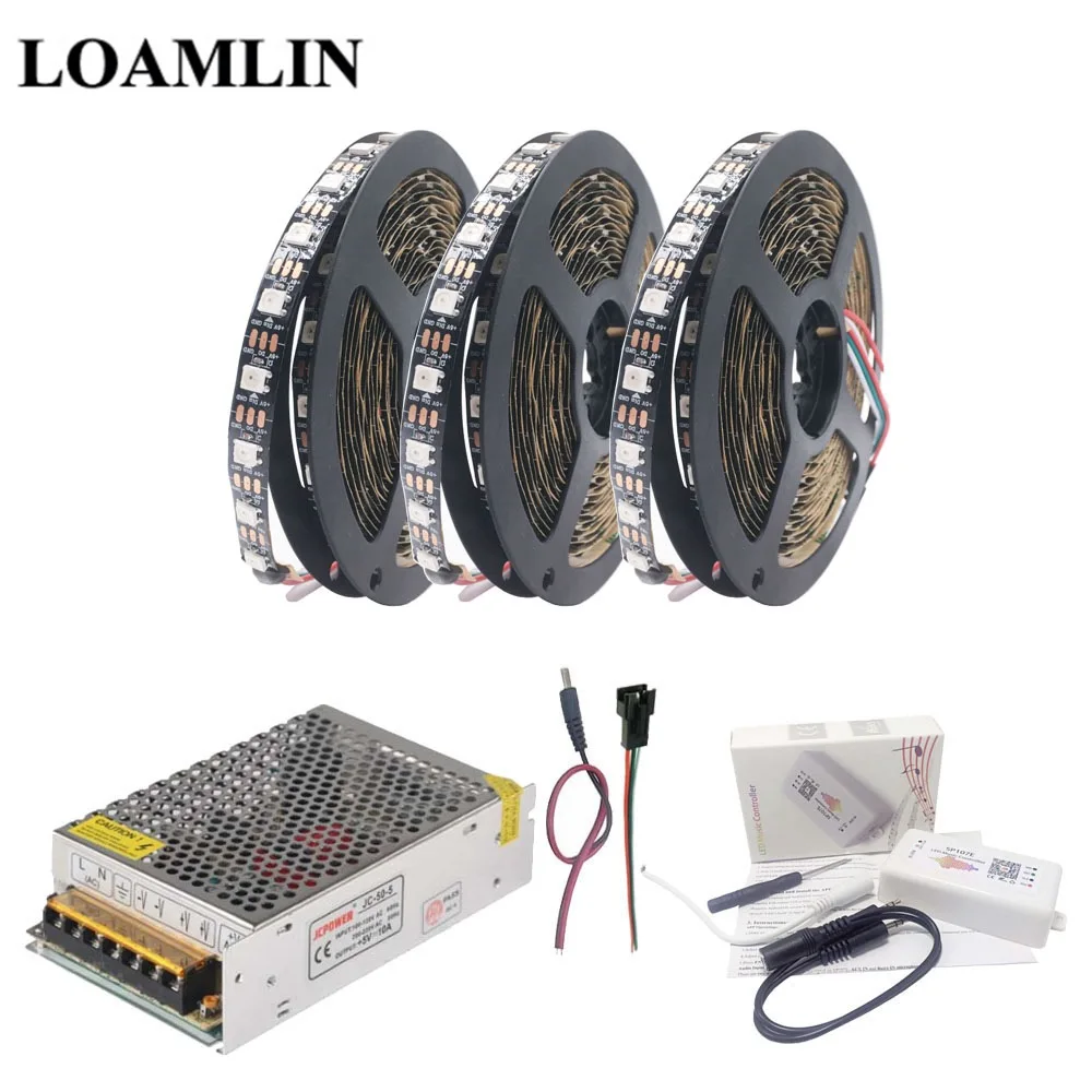 WS2812B WS2812 цветных(RGB) светодиодных лент светильник+ SP107E работы при прослушивании музыки по Bluetooth RGB Led контроллер+ DC5V светодиодный трансформатор 5, 10 м, 15 м, 20 м комплект