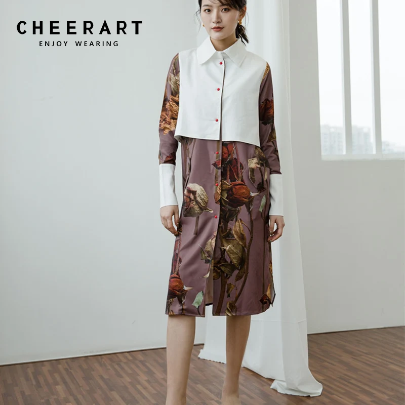 Женское винтажное платье рубашка с длинным рукавом Cheerart до колена весна