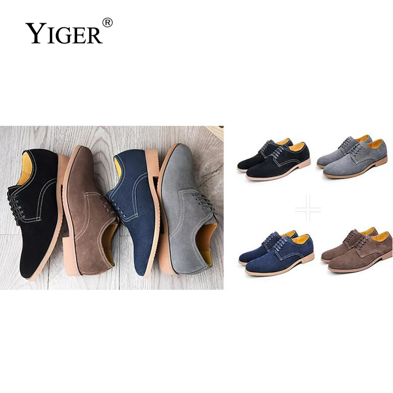 YIGER/Новинка мужские туфли Дерби обувь на шнуровке из коровьей замши большие