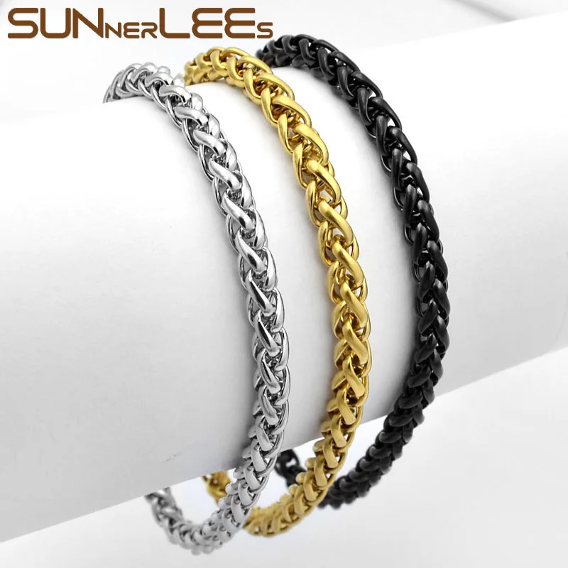 

SUNNERLEES Fashion Jewelry Stainless Steel Bracelet 3mm~7mm Wheat Link Chain Silver Color Gold Plated Mens Womens Gift SC05 B