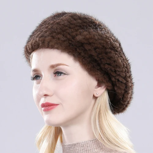 brown Новая модная зимняя женская шапка из натурального меха норки, настоящие шапочки с мехом норки, теплая мягкая вязаная шапка ручной работы, настоящая норковая шапка - Цвет: brown