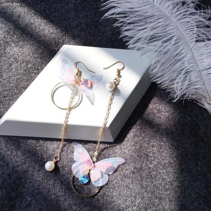 

Korean Butterfly Angle Wings Long Tassel Earrings For Women Jewelry Imitation Pearl Crystal Asymmetric Statement Drop Earrings