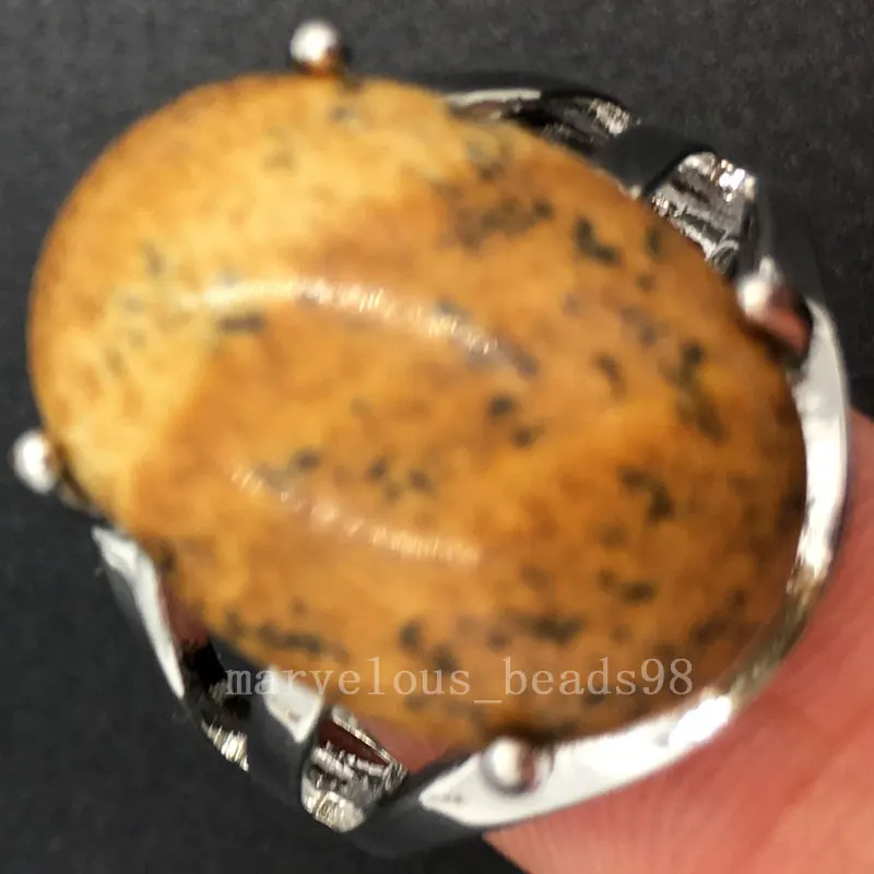Малахит, опал, тигровый глаз, Голубой песок, лазурит, кристалл Howlite, сердолик, для женщин и мужчин, художественное овальное кольцо, 7~ 12 дюймов, регулируемый размер, PWB563 - Цвет основного камня: Picture Jaspe MC6140