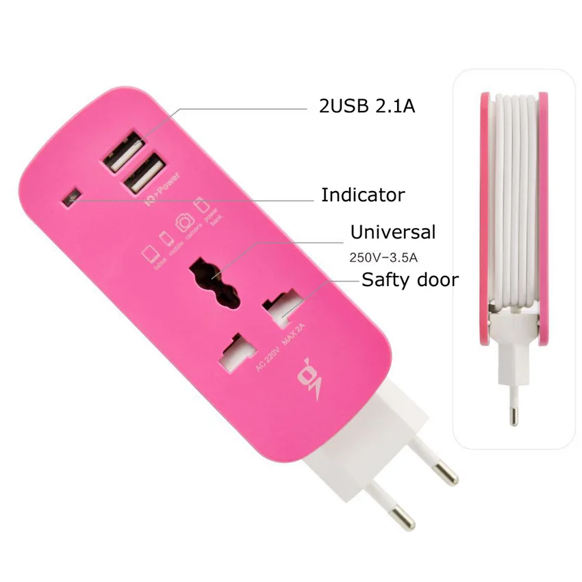 Синий Зеленый Розовый Многофункциональный 3 в 1 2.1A 2USB ЕС Великобритания США выдвижной для мобильного телефона зарядное устройство Универсальный адаптер розетка мощность полосы
