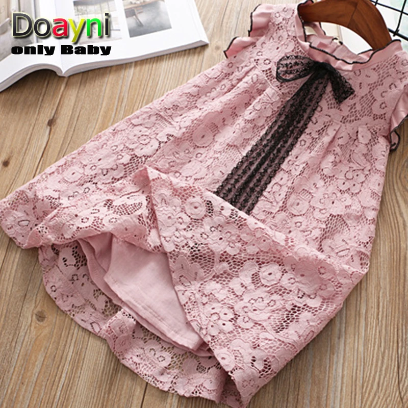 Doayni Baby Preppy Style Girls Vest Dress Big Bow with Short Petal Sleeve Children Princess A-line Pink White Gray | Детская одежда и