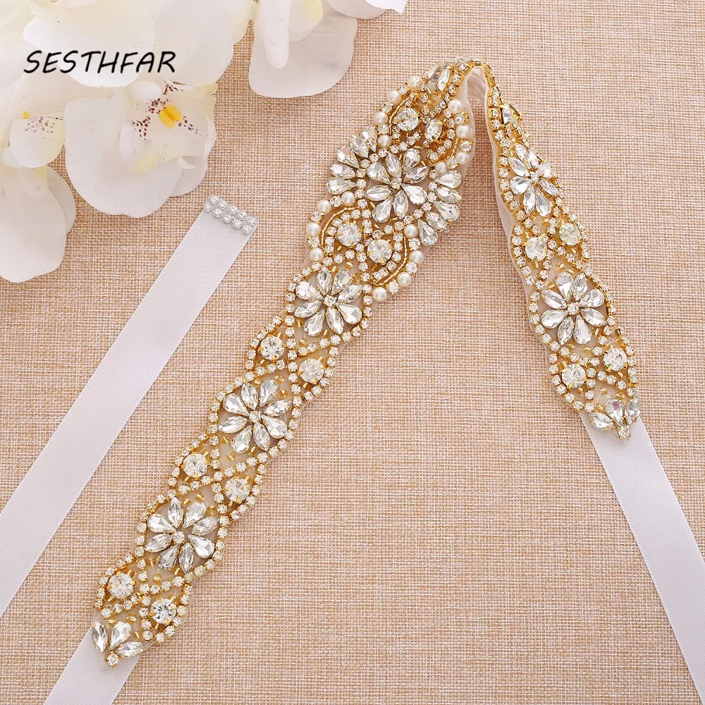 Свадебный пояс со стразами ручной работы жемчужный свадебный с золотыми