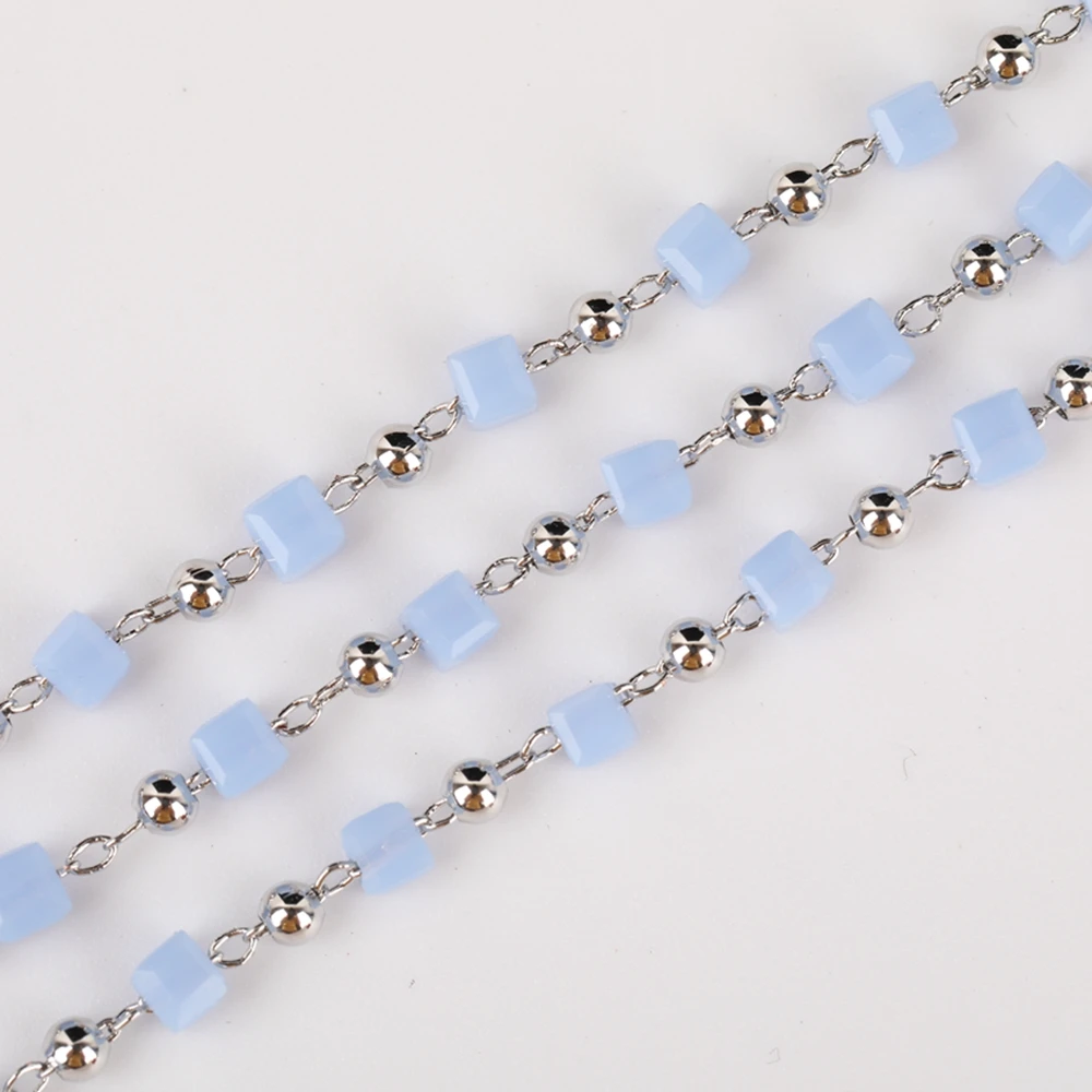 

Plated Silver Tiny Square Glass Beads Chain Jewelry ,White Glass Cube Beads Rosary Chains Women Necklace Making HX-LT-226AMI