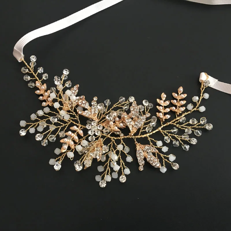 SLBRIDAL розовое золото Проводные хрустальные стразы жемчуг цветок свадебное украшение на голову свадебные волосы лоза аксессуары для волос подружки невесты женщин