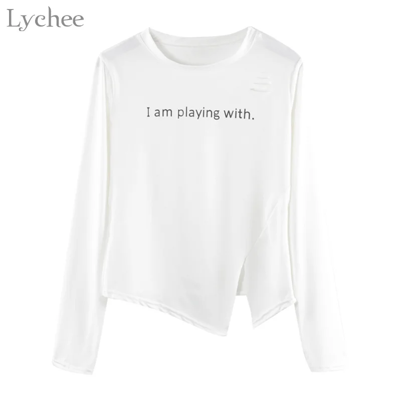 Lychee Sexy Women T Shirt Letter Print Hole Split Irregular Long Sleeve Slim T-shirt Spring Autumn Tee Top | Женская одежда