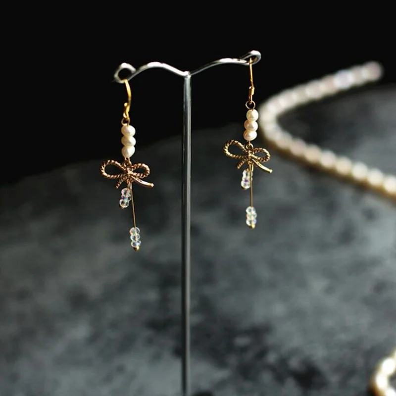 

Bowknot Gold Natural Freshwater Pearls 925 Silver Hook Earrings for Women Crystal Drop Earring With Pearl Korean Jewelry YEA209
