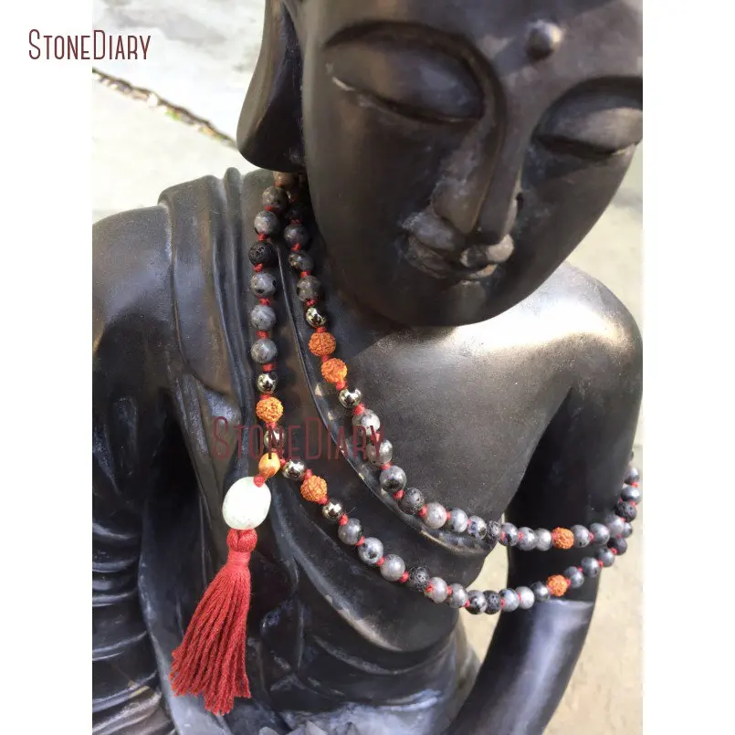 Ручная вязка Larvikite Hematite Rudraksha 108 шарик мала лавовый камень с бисером гуру Aquamarines