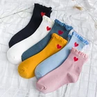 Harajukuвышитые носки с принтом в форме сердца, женские милые хлопковые носки с рюшами, забавные носки до щиколотки, носки в Корейском стиле для девочек, Mujer