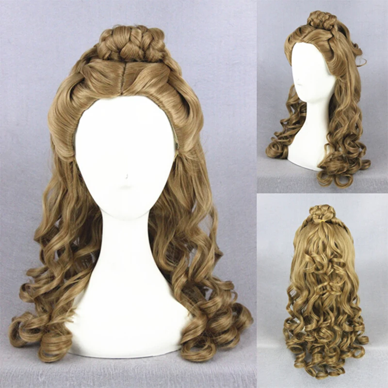 Princess Cinderella Wig Medium Long Curly Anime Hair Brown Cosplay Braided Wigs+Free hairnet |
