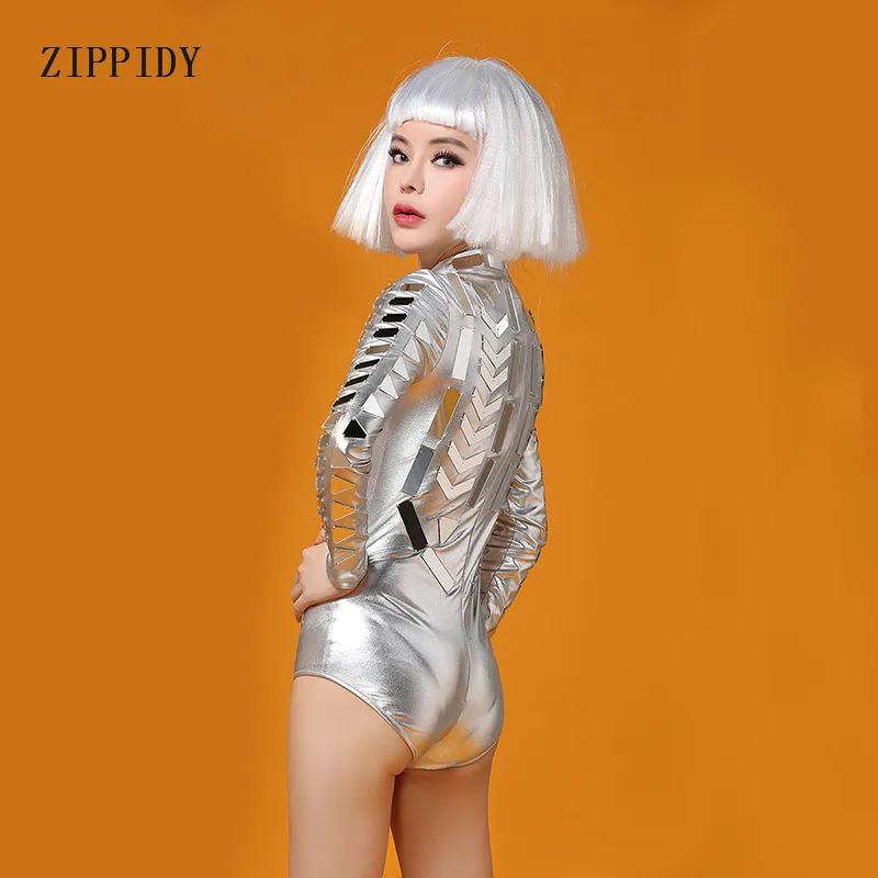 Silver Mirrors Bodysuit Head Piece Outfit Costume Bar Party Female Singer Dancer Ds DJ Performance Sexy Leotard Stage Show Wear