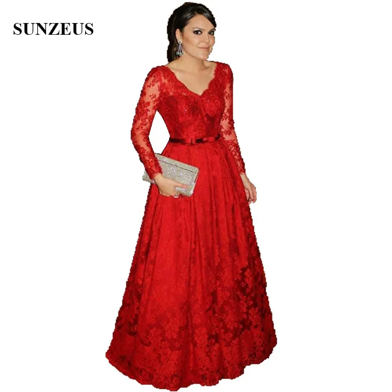 

Long Sleeve Red Lace Mother Of The Bride Dress A-line V-neck Low Back Women Party Gowns vestito lungo CM0190