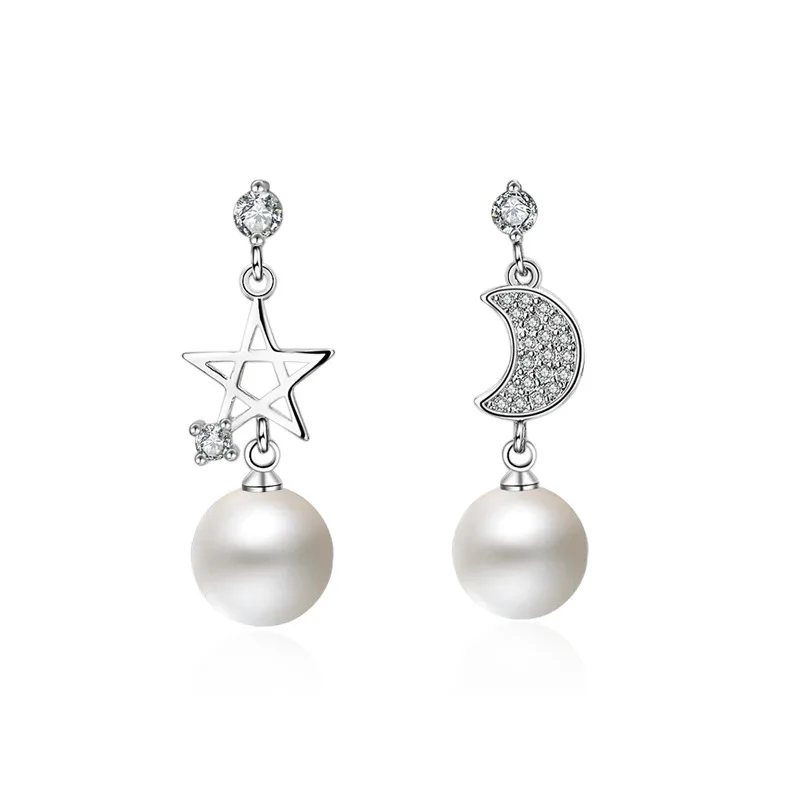 

MEYRROYU 925 Sterling Silver Moon Star Asymmetric Pearl Pendant Earrings Ladies Couples Wedding Party Gorgeous Jewelry