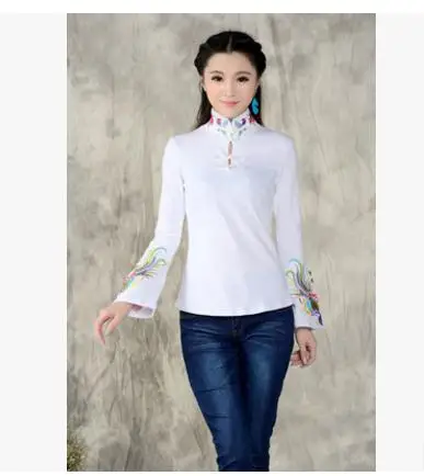 Женская футболка в китайском стиле с воротником стойкой и вышивкой|womens shirt tops|printed