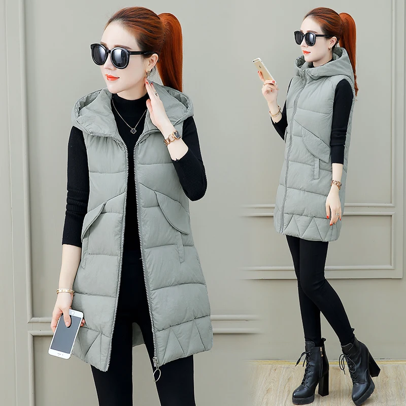 

New Winter Vest Women Long Casual Slim Solid Big Fur Collar Waistcoat Vest Autumn Sleeveless Cotton Padded Parka Coat For Female