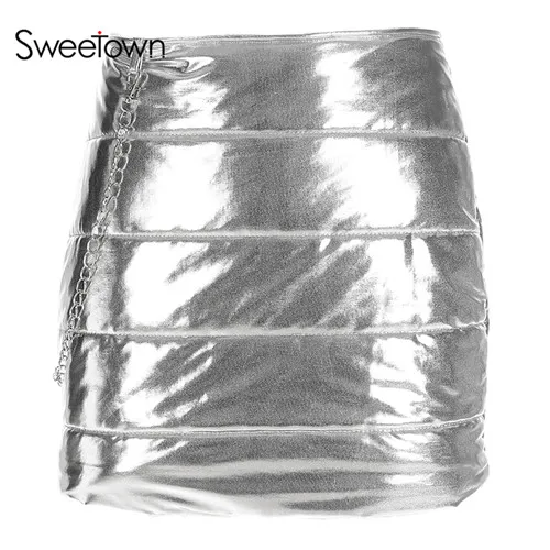 silver Sweetown панк кожаная юбка Уличная металлическая юбки с цепью Женская Faldas Mujer Moda Высокая талия корейская мода Зимняя юбка - Цвет: silver