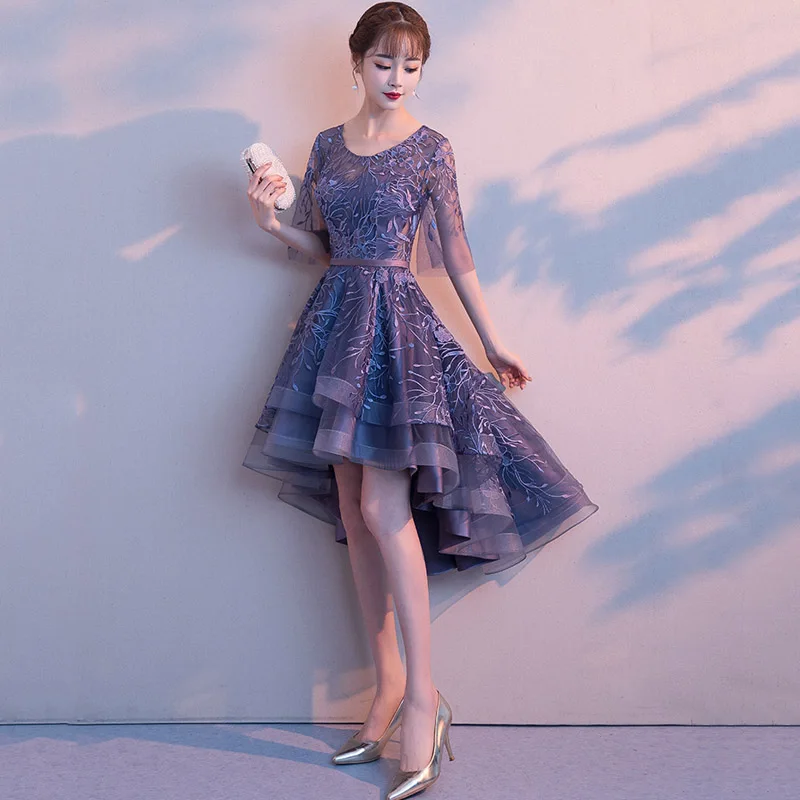 2018 синяя Цветочная аппликация с открытыми плечами половина рукава круглый вырез