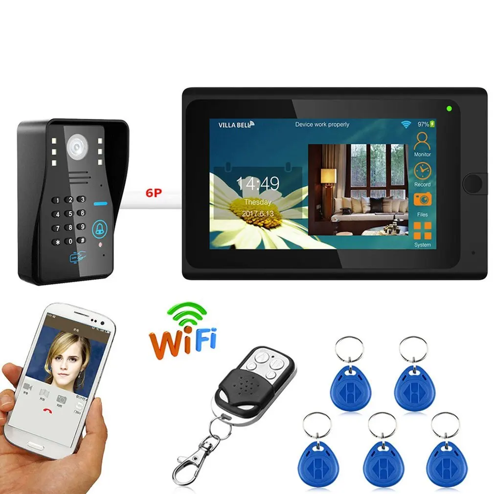 7 дюймов проводной Wifi RFID пароль разблокировка видеодомофон ID карты система входа