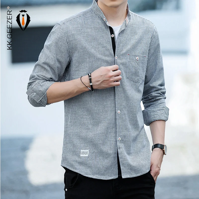 Мужская рубашка в полоску с воротником стойкой и длинным рукавом модная из