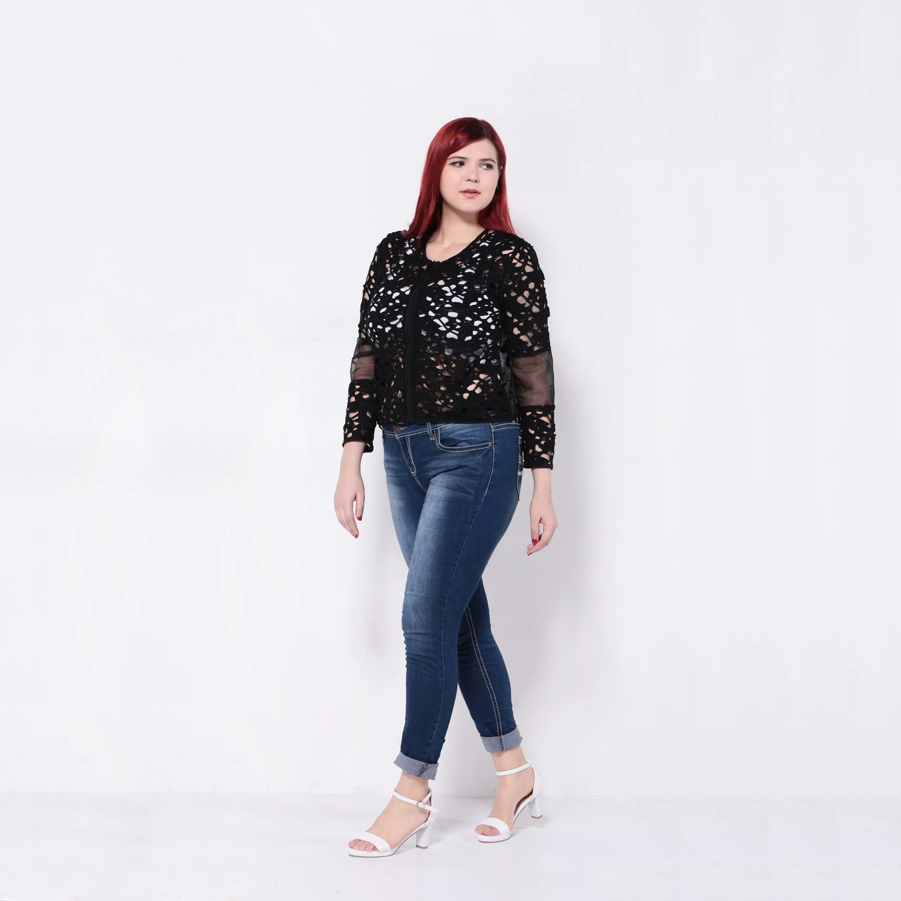 Kissmilk Plus Size Women Solid Color Hollow Out Jackets Long Sleeve Zipper Front Jacket Patchwork Mesh Crochet 3XL 5XL | Женская одежда